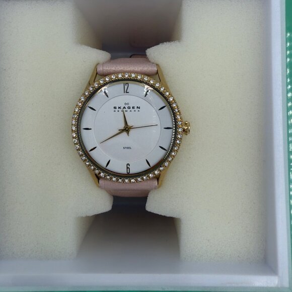 Skagen Denmark Quartz Womens Watch Pink Leather Band Silver Crystals 347SGL1 - Picture 9 of 16